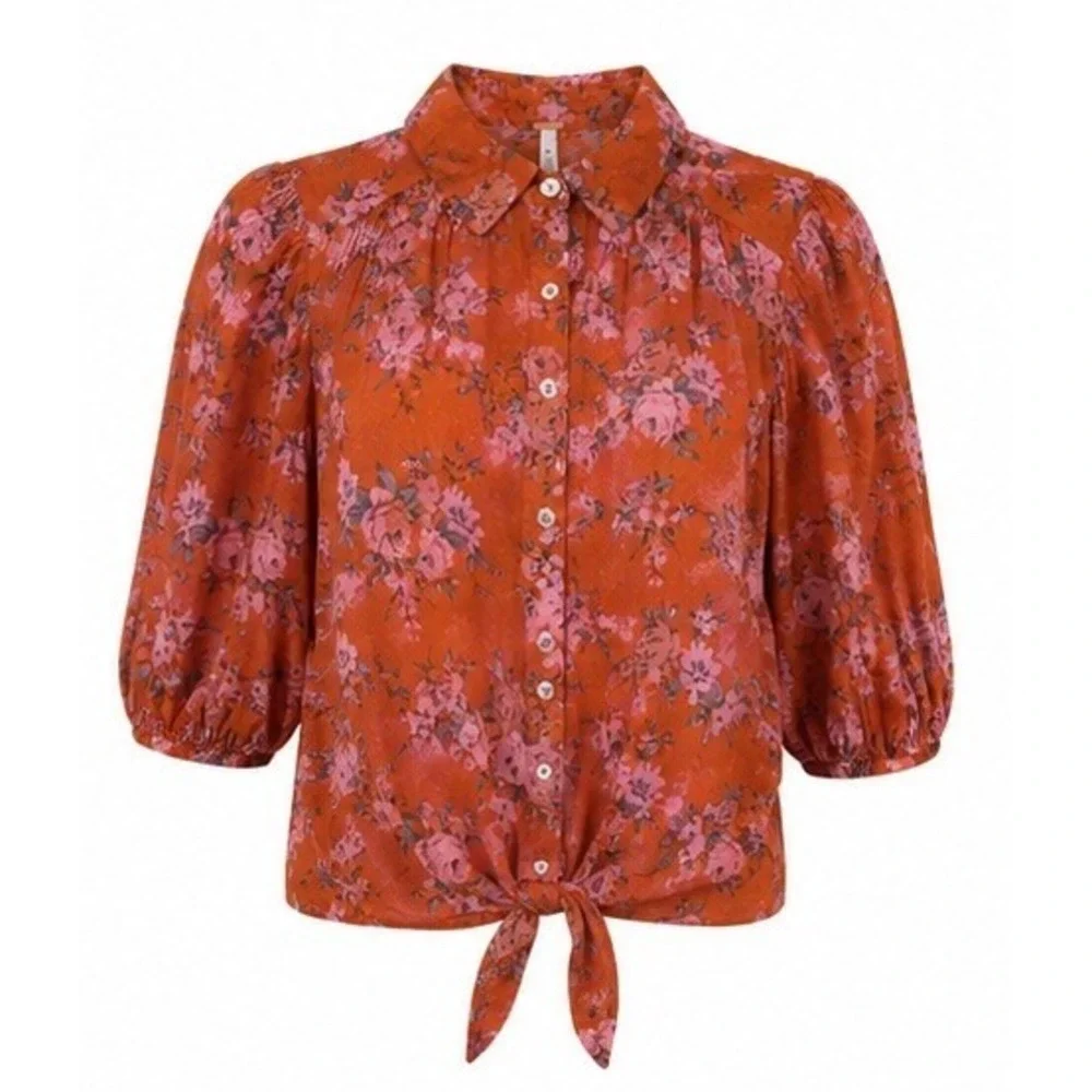 Free People Celia Floral Tie Front Button Blouse Burnt Orange Pink XS NWT